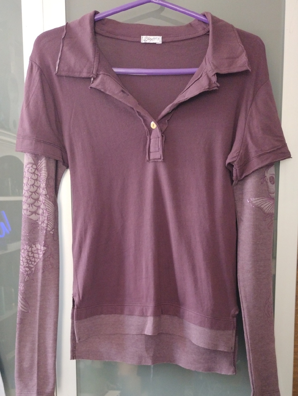 Purple Long Sleeve Top with Metallic Goldfish Patterned Thermal Sleeves